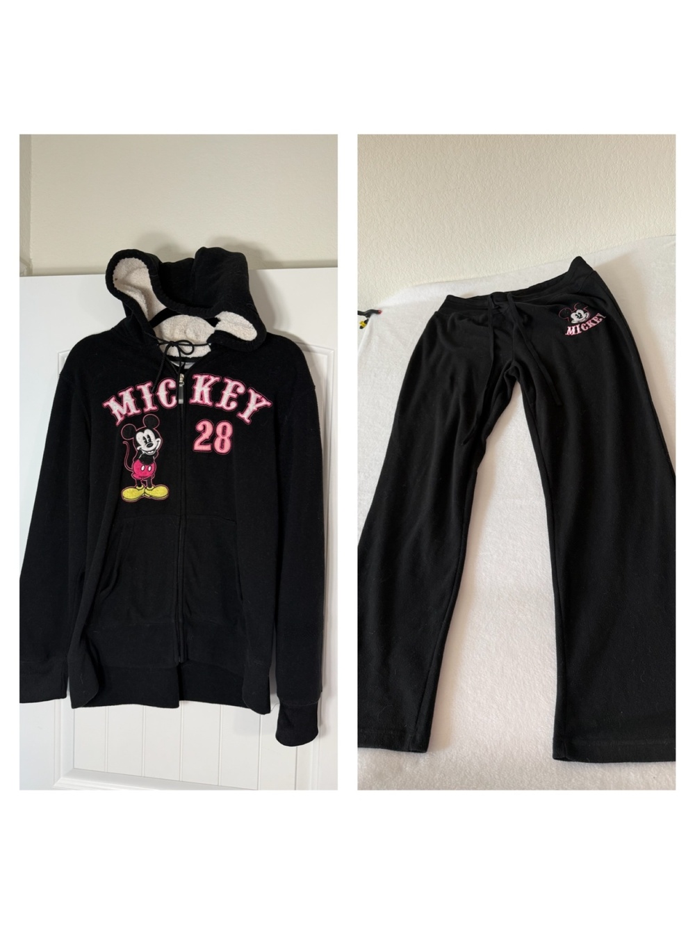 Disney Mickey Mouse 28 Hoodie Pants Matching Set Black Pink Y2K  Large
